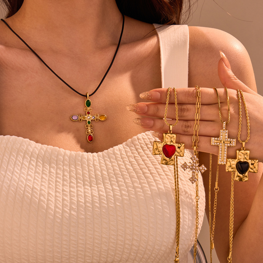 Colored diamond cross stainless steel necklace fashion love natural stone clavicle necklace