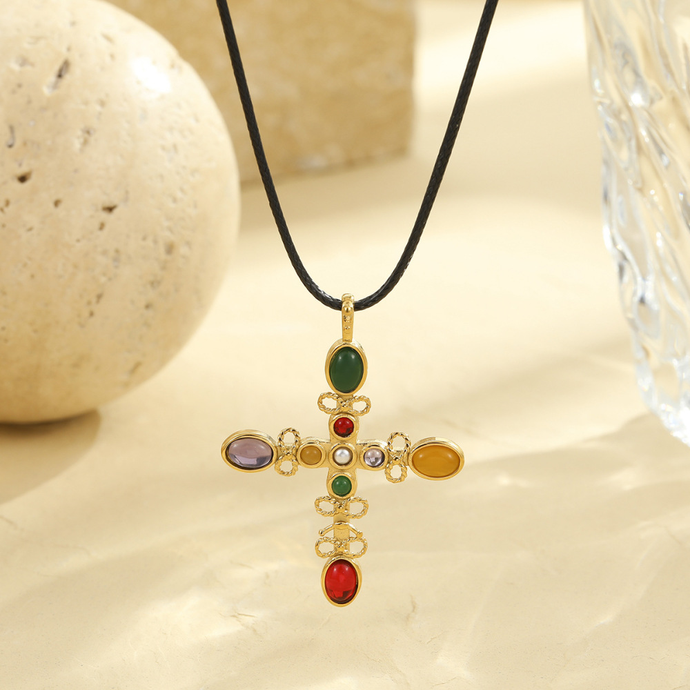 Colored diamond cross stainless steel necklace fashion love natural stone clavicle necklace