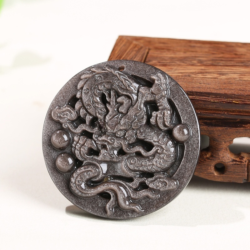 Natural silver obsidian coral jade carved round dragon plaque