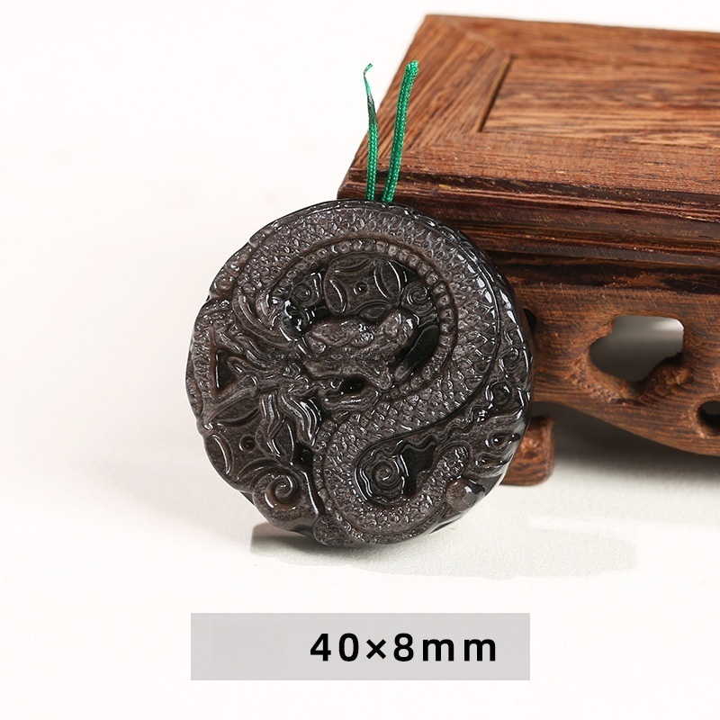 Natural silver obsidian coral jade carved round dragon plaque