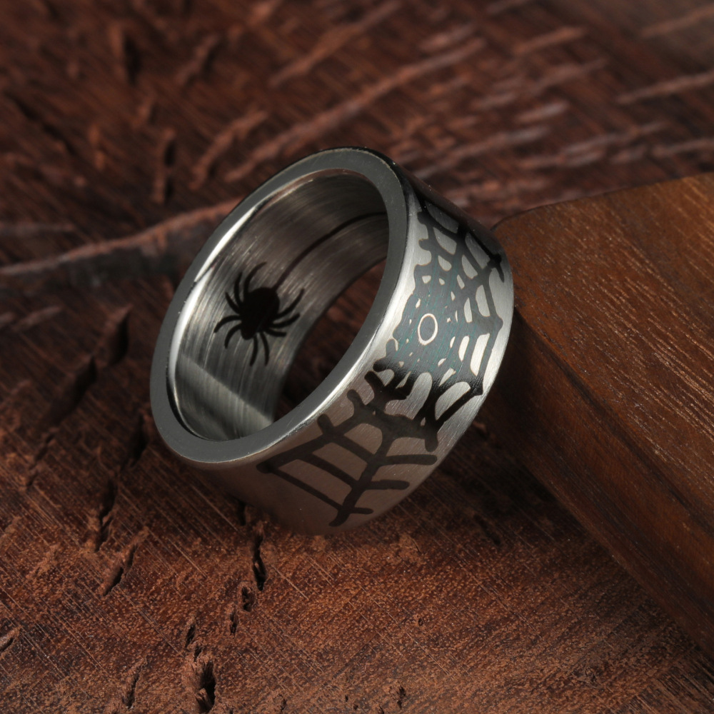 5 Pieces/Bag-Halloween spider web stainless steel ring 10MM width ring bracelet