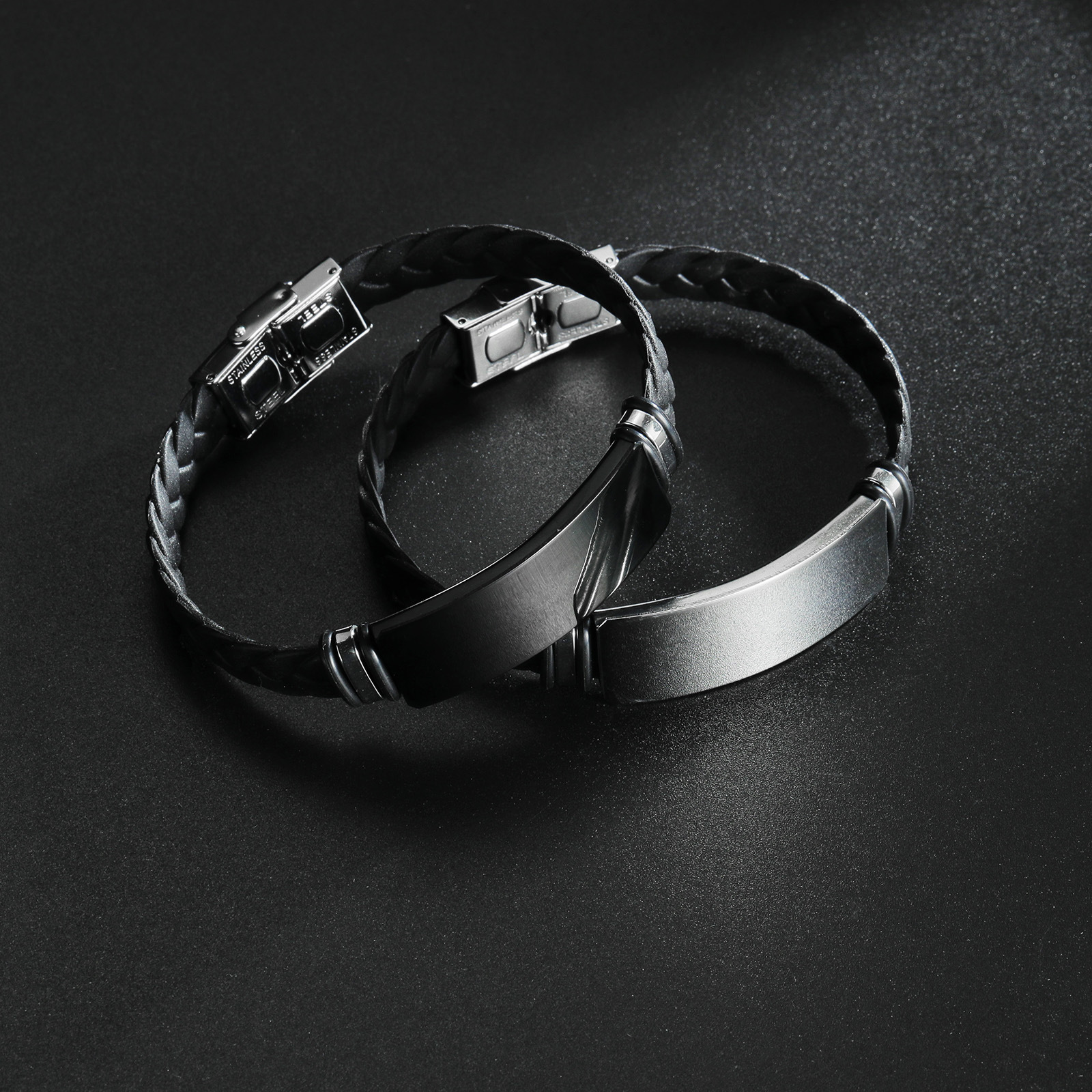 5 Pieces/Bag-Couple braided silicone bracelet stainless steel bracelet mirror polished can be engraved with LOGO