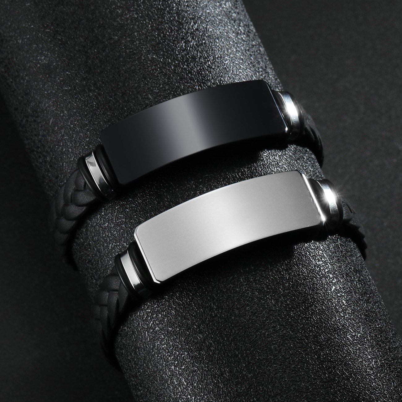 5 Pieces/Bag-Couple braided silicone bracelet stainless steel bracelet mirror polished can be engraved with LOGO