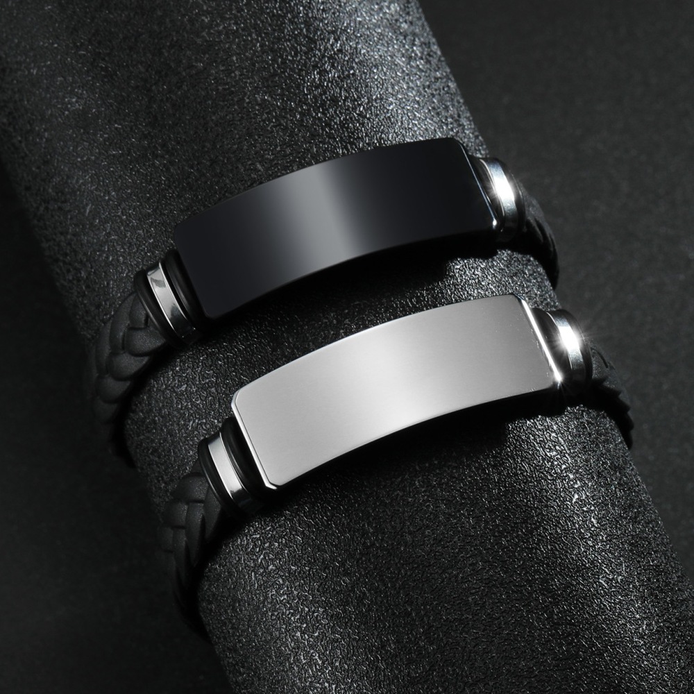 5 Pieces/Bag-Couple braided silicone bracelet stainless steel bracelet mirror polished can be engraved with LOGO