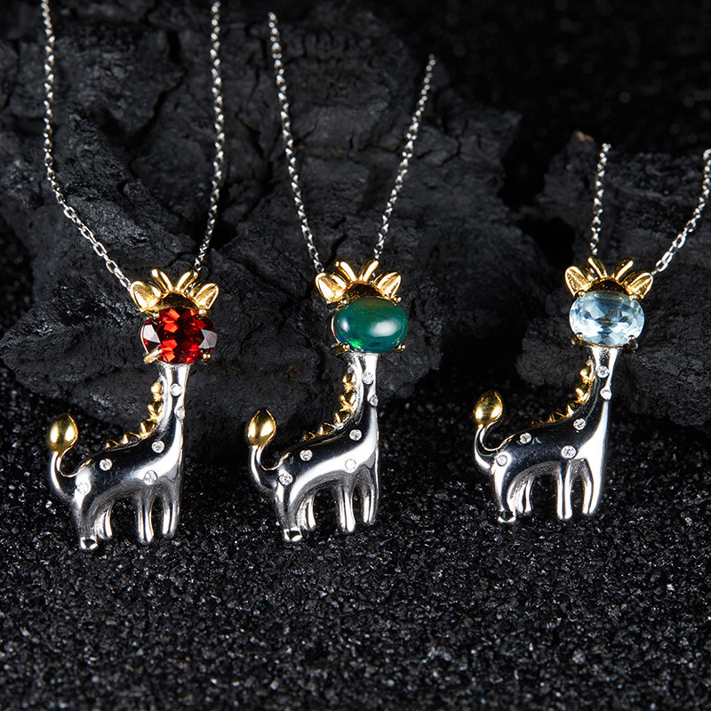 S925 sterling silver inlaid with natural stone deer necklace clavicle necklace