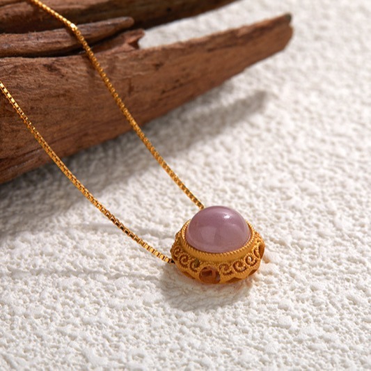 S925 sterling silver ancient gold natural purple spodumene sunflower necklace
