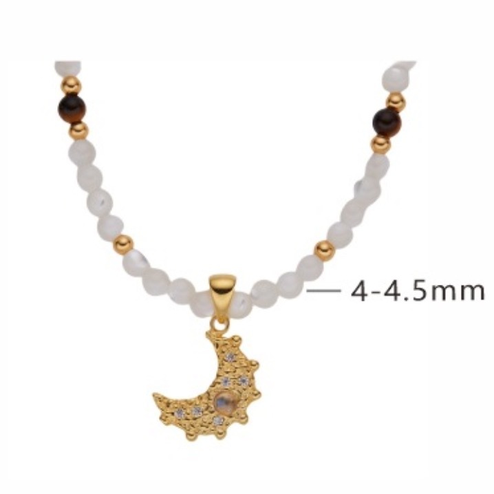 S925 sterling silver natural white shell tiger eye inlaid moonstone pendant necklace