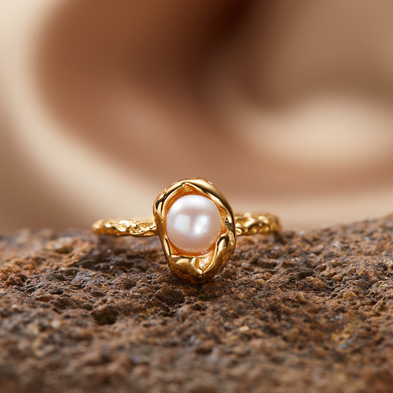 S925 sterling silver inlaid with natural freshwater pearl bean ring