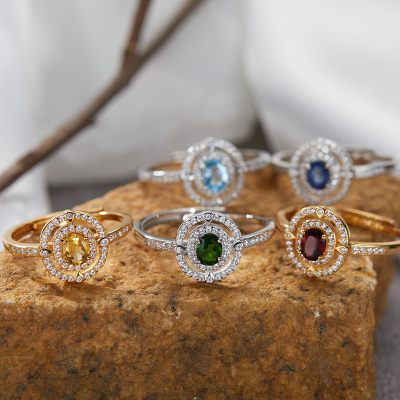 S925 sterling silver inlaid with natural crystal gem ring