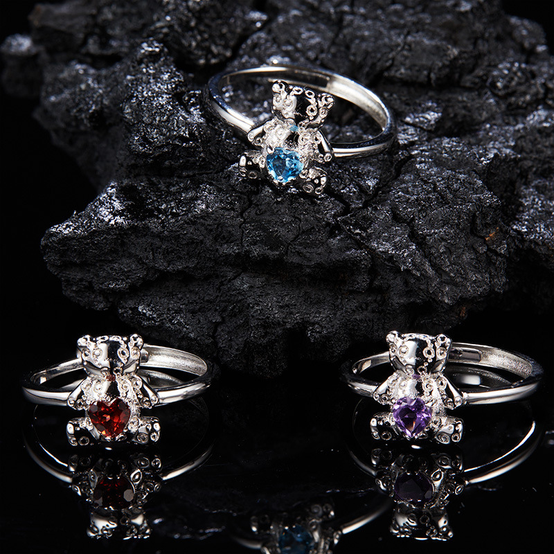 S925 sterling silver inlaid with natural topaz garnet amethyst bear ring