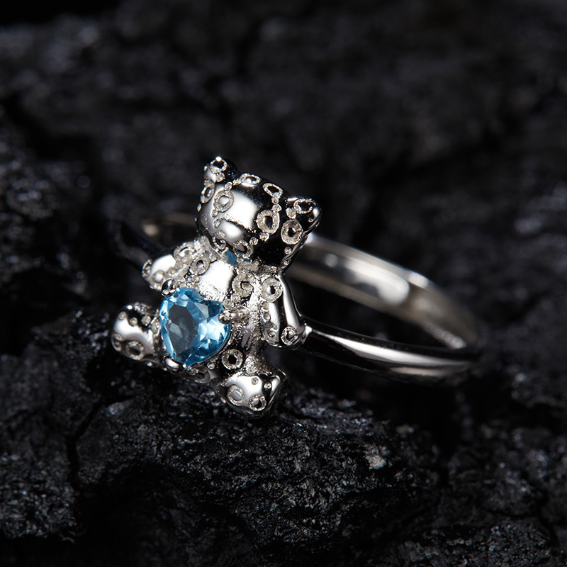 S925 sterling silver inlaid with natural topaz garnet amethyst bear ring