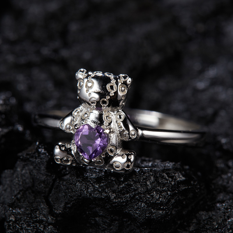 S925 sterling silver inlaid with natural topaz garnet amethyst bear ring