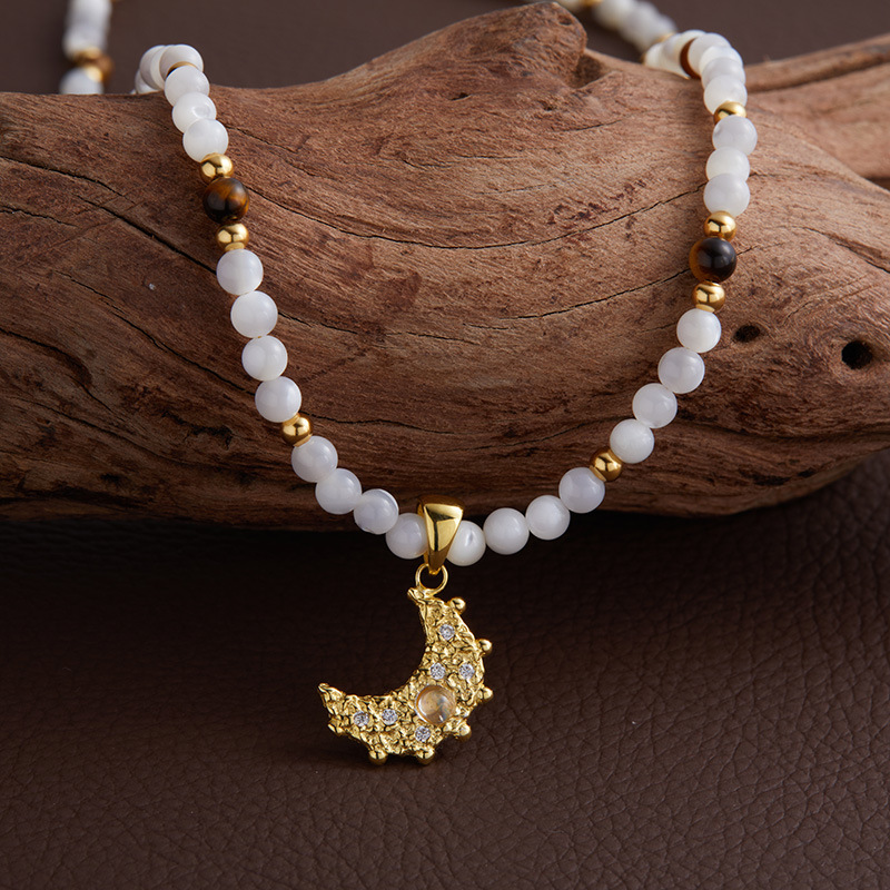 S925 sterling silver natural white shell tiger eye inlaid moonstone pendant necklace