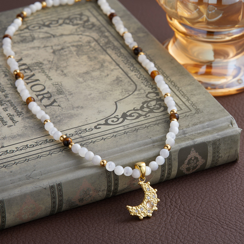 S925 sterling silver natural white shell tiger eye inlaid moonstone pendant necklace