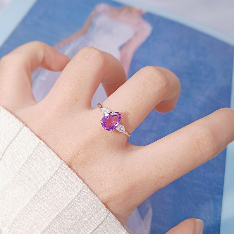 S925 sterling silver inlaid teardrop-shaped natural crystal ring