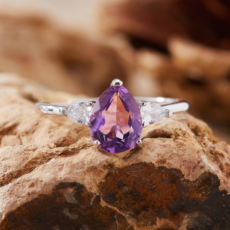 S925 sterling silver inlaid teardrop-shaped natural crystal ring