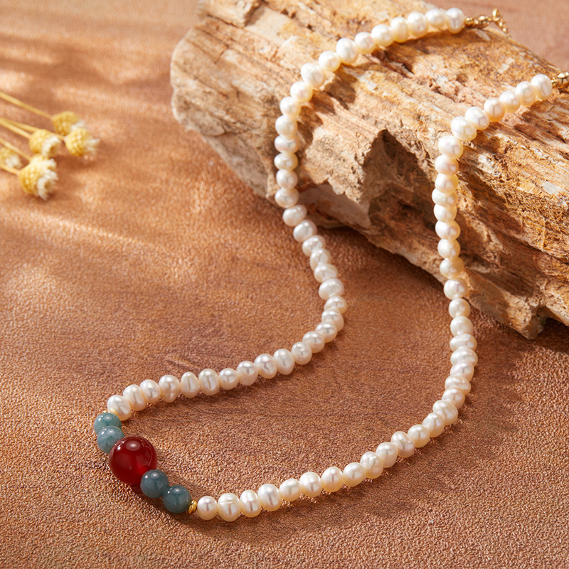 S925 sterling silver natural red agate blue water jade freshwater pearl necklace