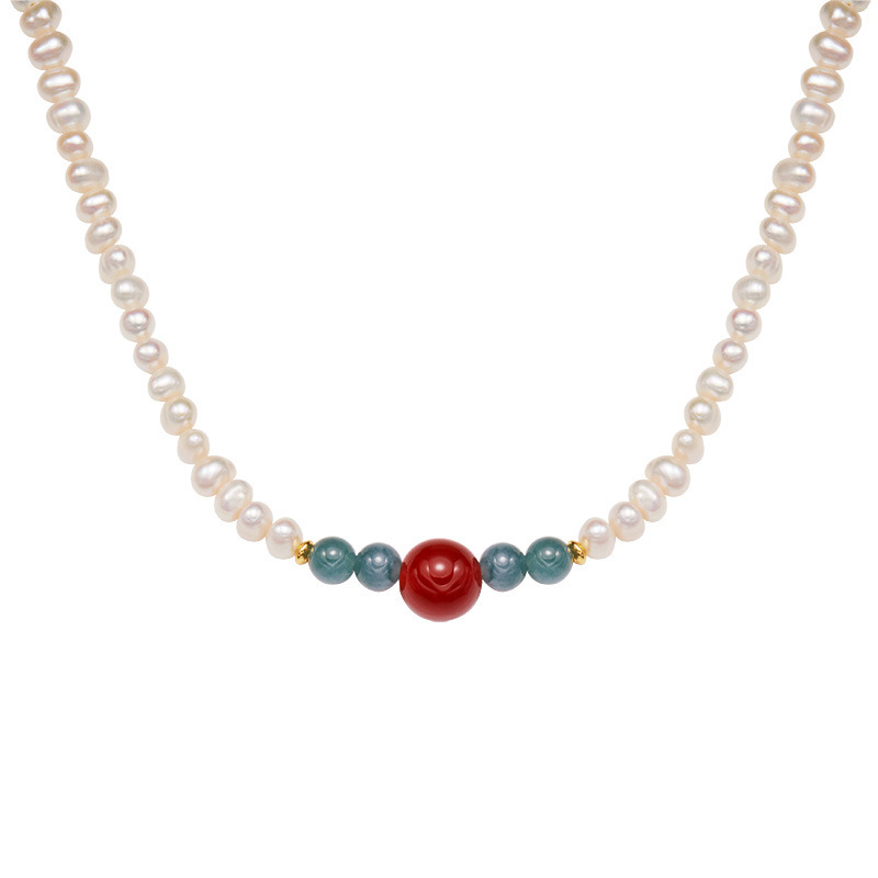 S925 sterling silver natural red agate blue water jade freshwater pearl necklace