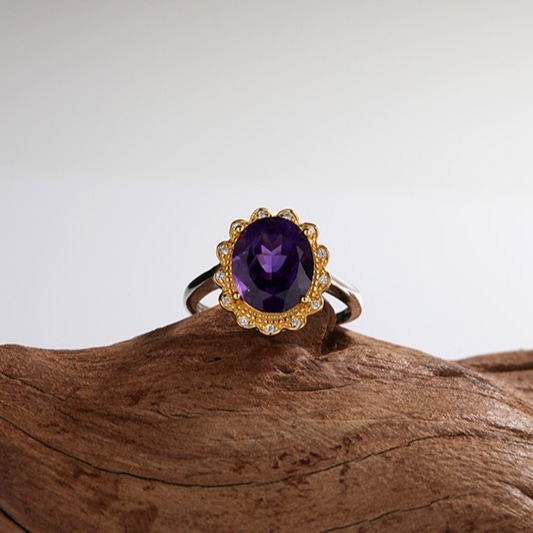 S925 sterling silver inlaid with natural amethyst ring
