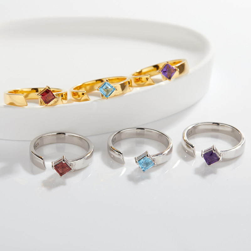 S925 sterling silver inlaid with natural multi-color square gemstone ring