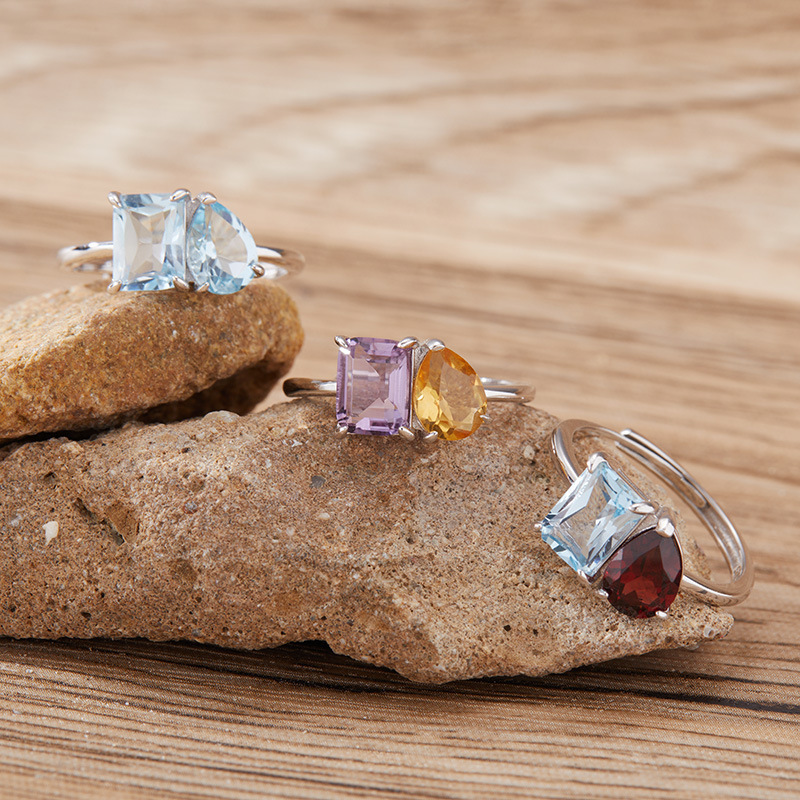 S925 sterling silver inlaid with natural gemstones and double main stone ring