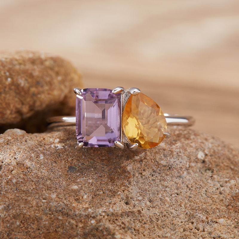 S925 sterling silver inlaid with natural gemstones and double main stone ring