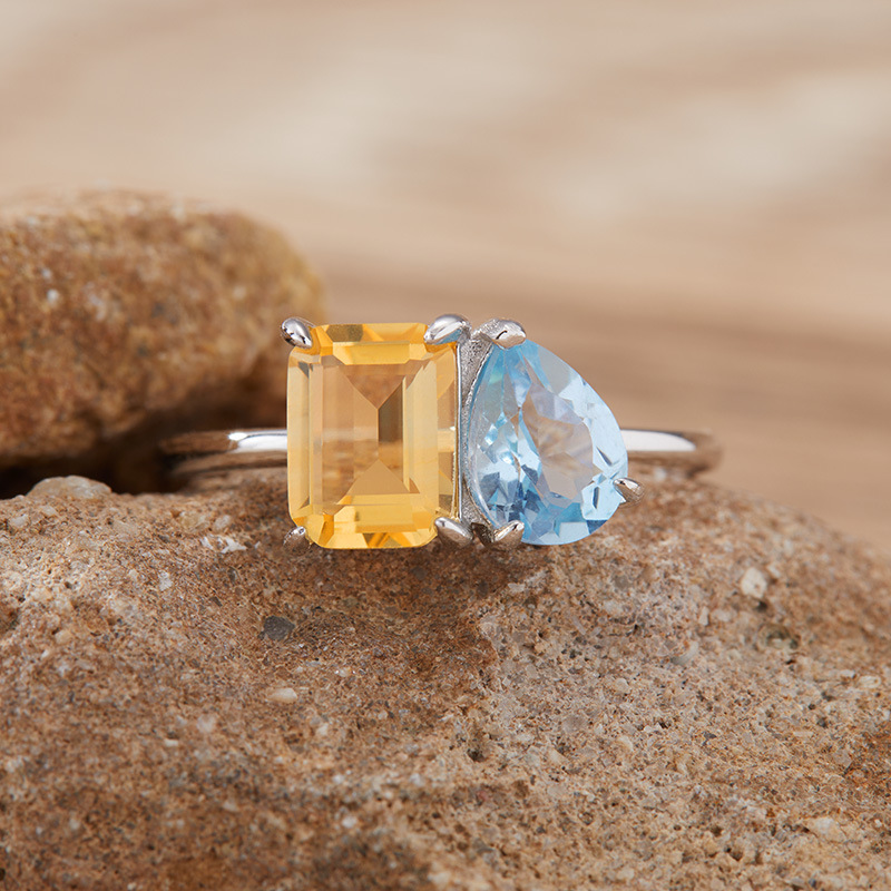 S925 sterling silver inlaid with natural gemstones and double main stone ring