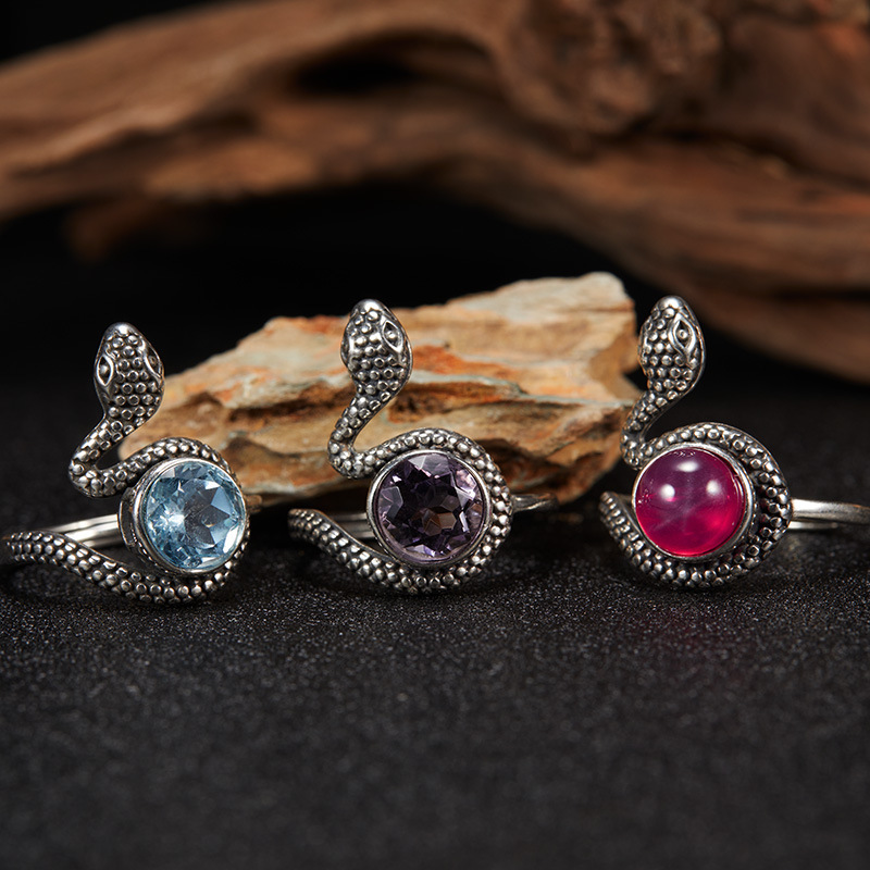 S925 sterling silver natural amethyst topaz Thai silver ring snake shape