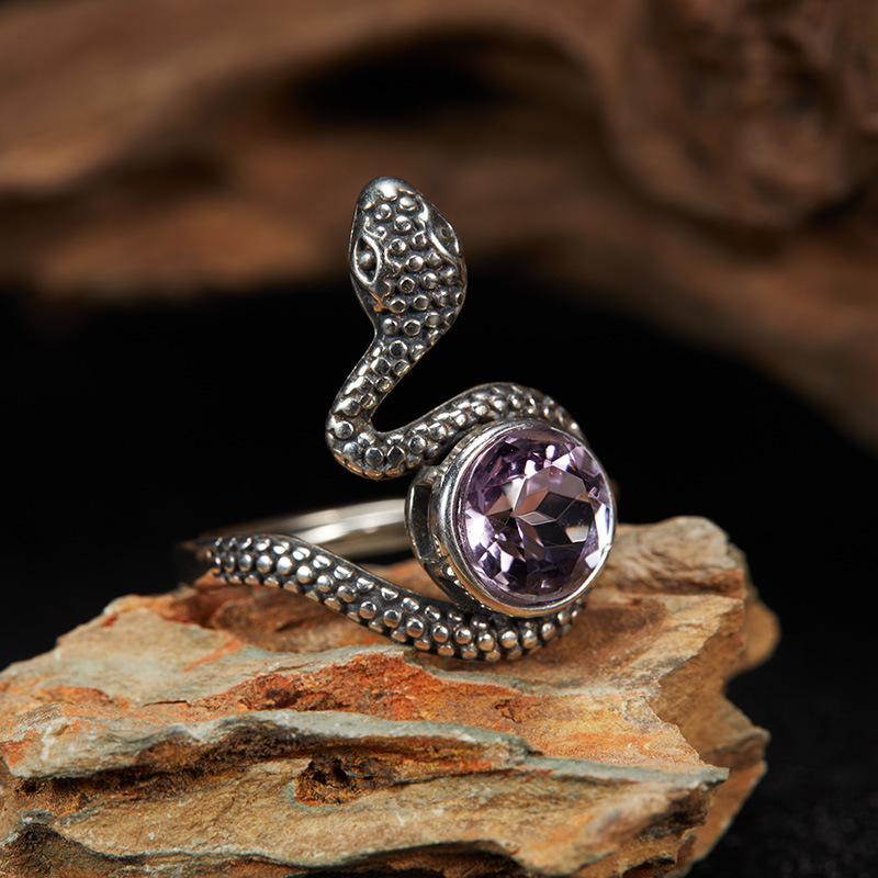 S925 sterling silver natural amethyst topaz Thai silver ring snake shape
