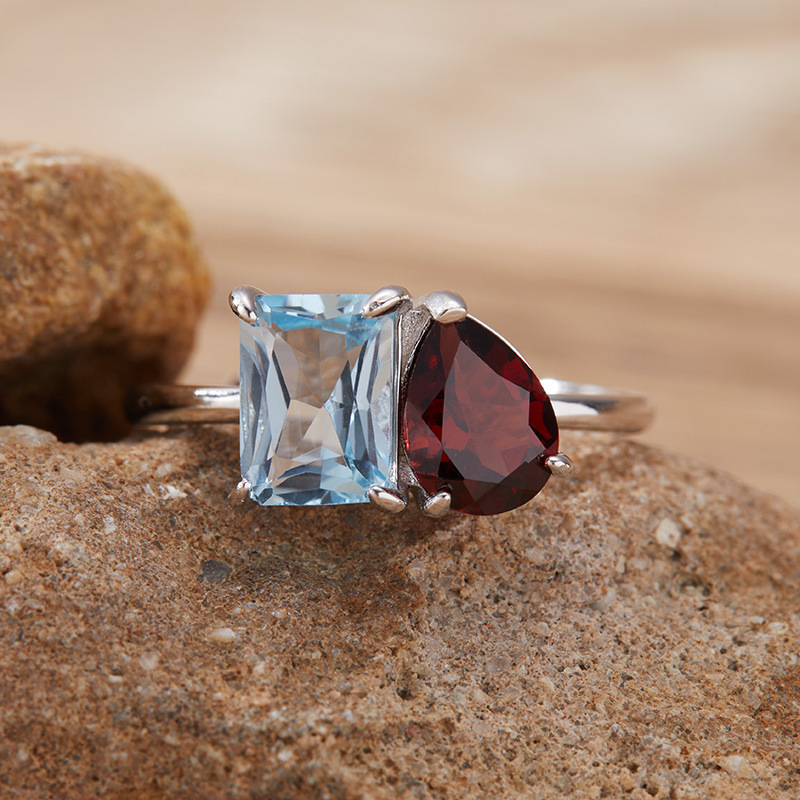 S925 sterling silver inlaid with natural gemstones and double main stone ring