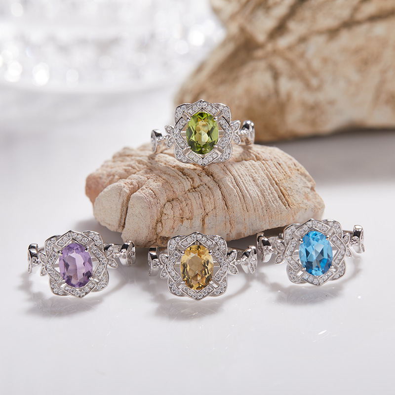 S925 sterling silver inlaid with natural colored gemstone ring