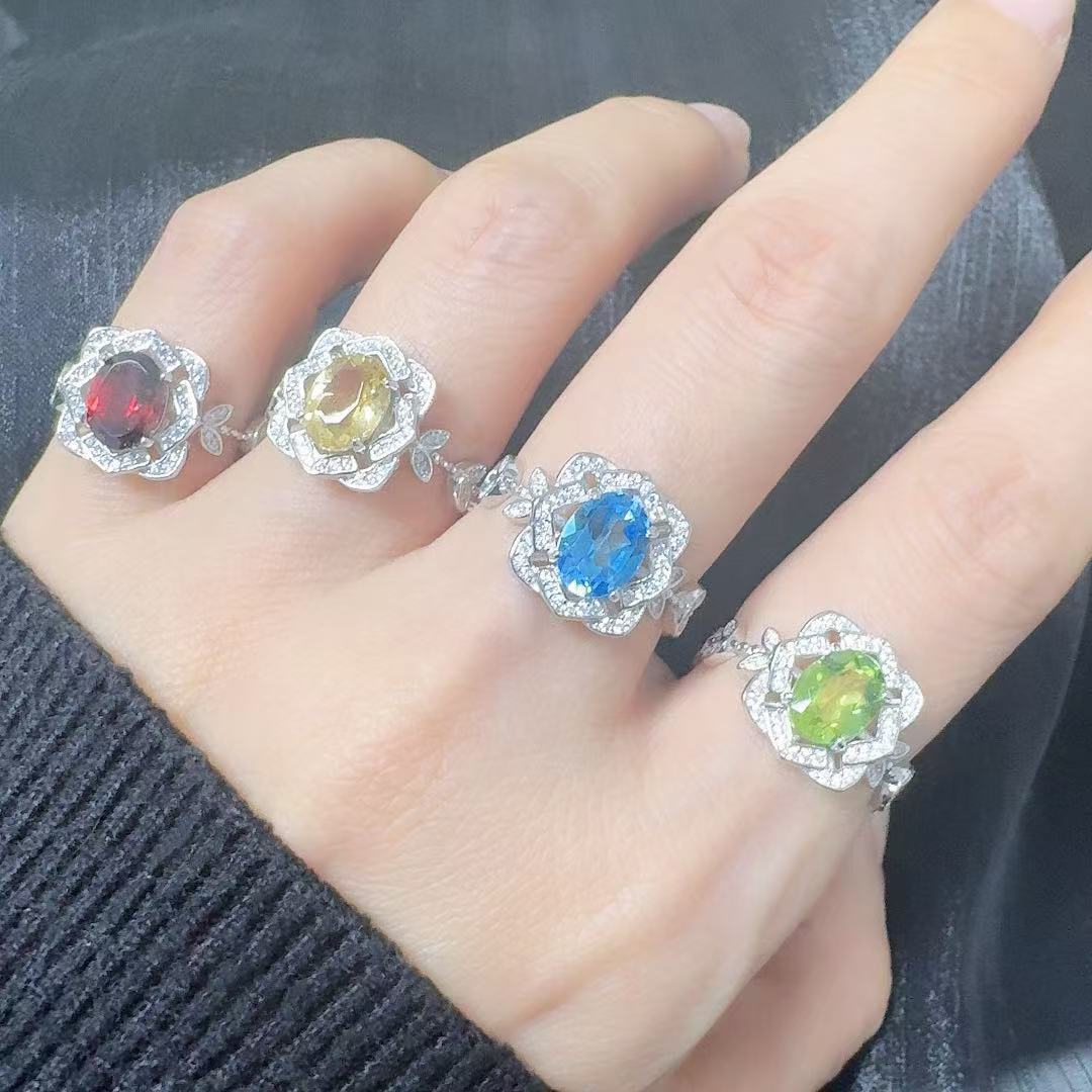 S925 sterling silver inlaid with natural colored gemstone ring