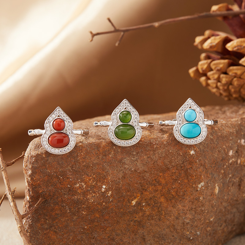 S925 sterling silver small gourd ring inlaid with natural gemstones