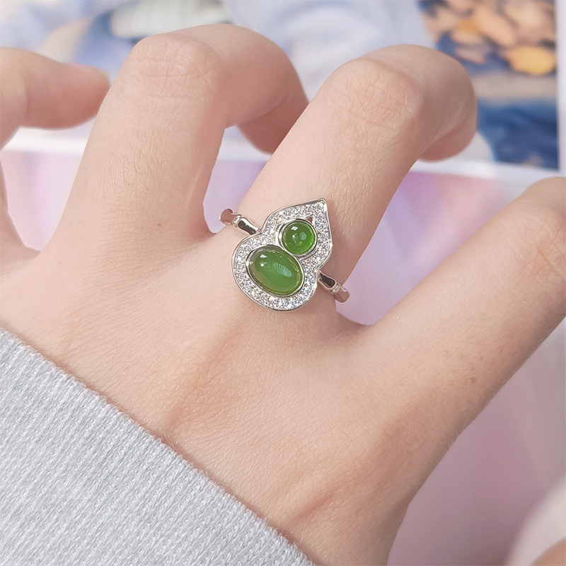 S925 sterling silver small gourd ring inlaid with natural gemstones