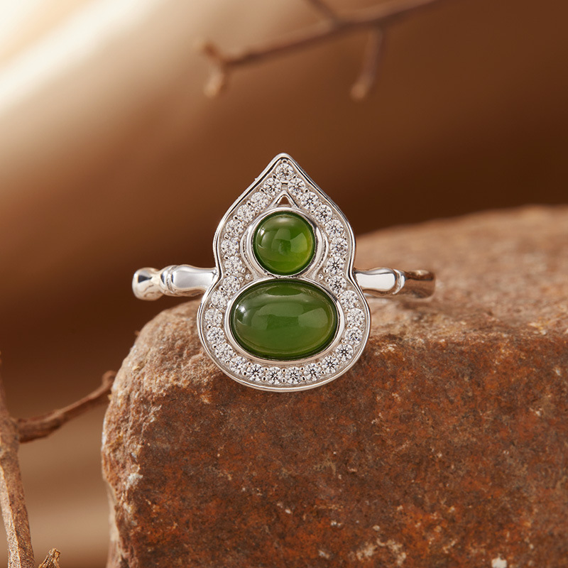 S925 sterling silver small gourd ring inlaid with natural gemstones
