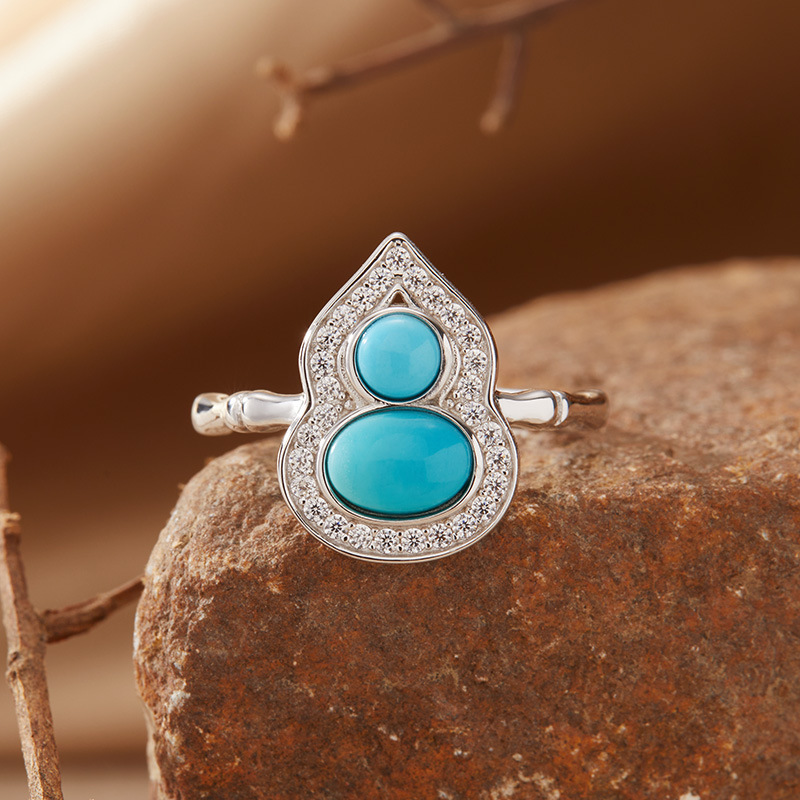 S925 sterling silver small gourd ring inlaid with natural gemstones