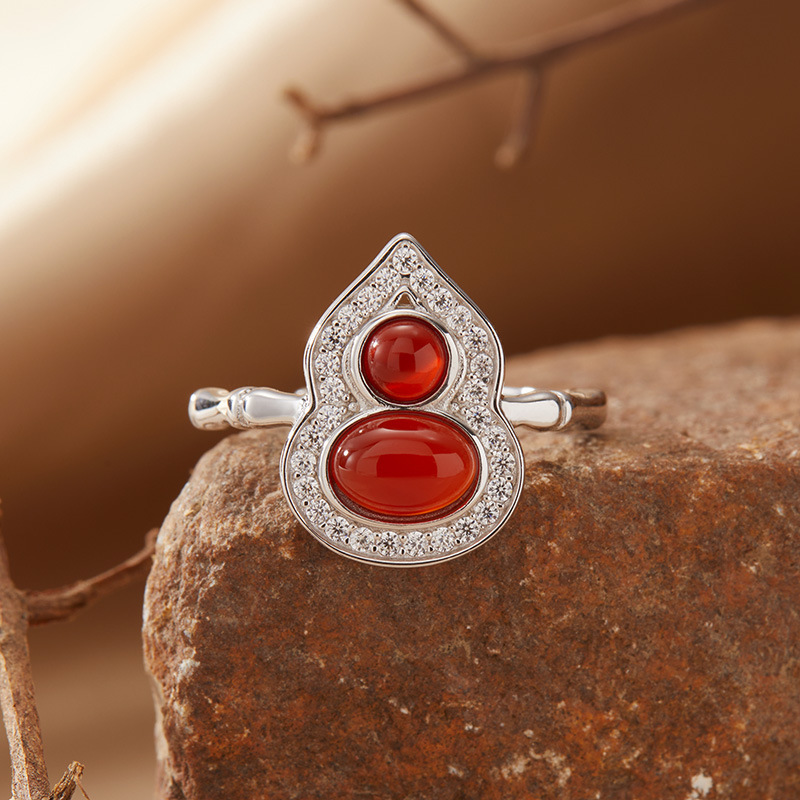 S925 sterling silver small gourd ring inlaid with natural gemstones