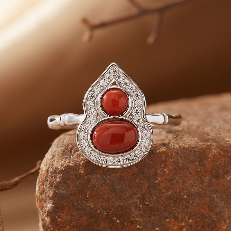 S925 sterling silver small gourd ring inlaid with natural gemstones