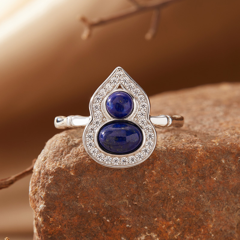 S925 sterling silver small gourd ring inlaid with natural gemstones