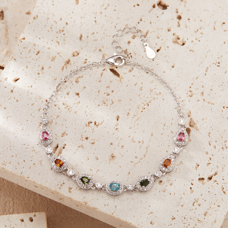 S925 sterling silver inlaid natural tourmaline water drop bracelet