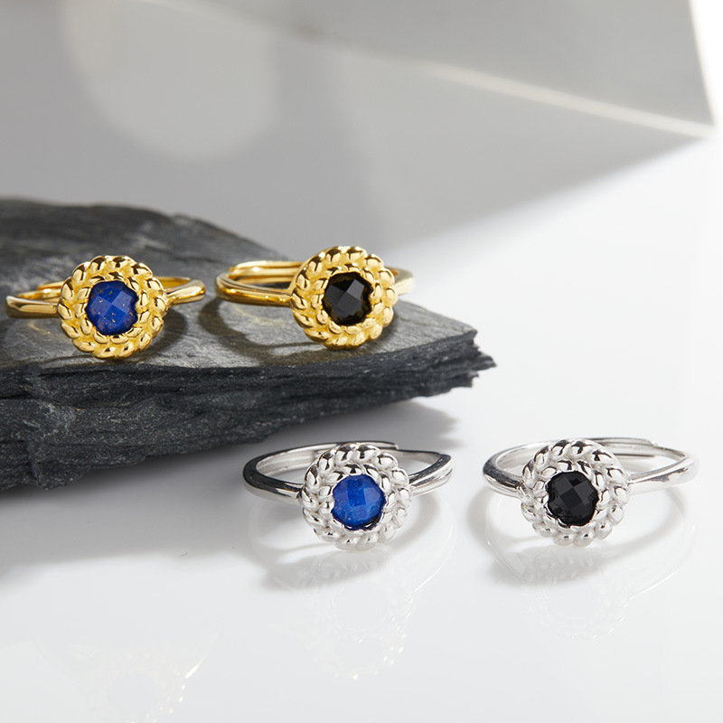 S925 sterling silver inlaid with natural black agate lapis lazuli ring