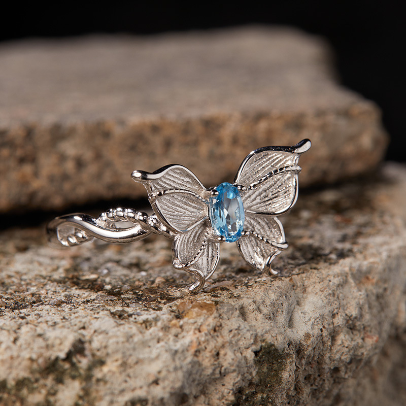 S925 sterling silver butterfly ring with natural topaz
