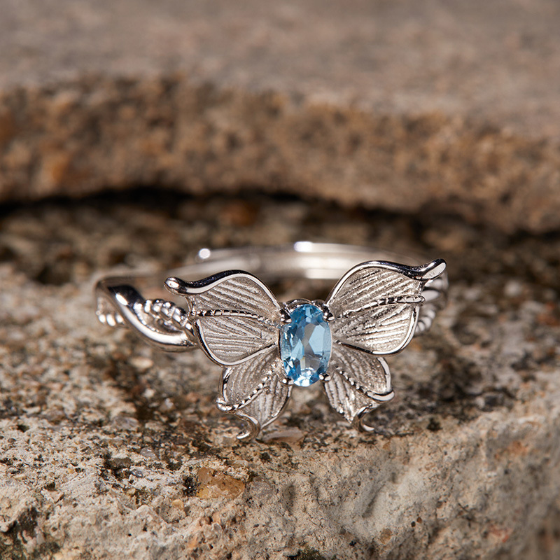 S925 sterling silver butterfly ring with natural topaz