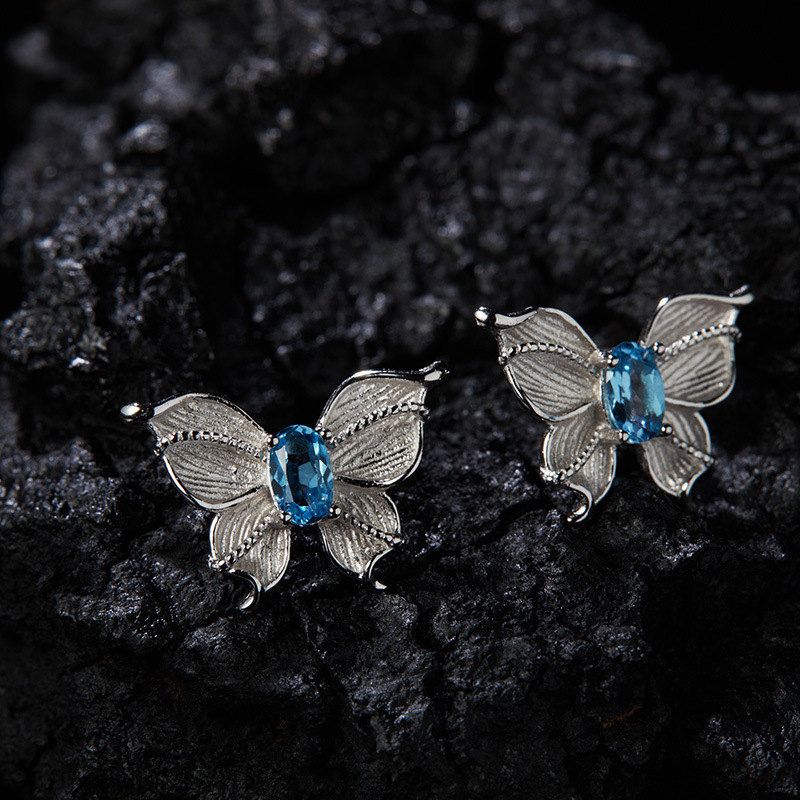 S925 sterling silver inlaid with natural topaz butterfly earrings