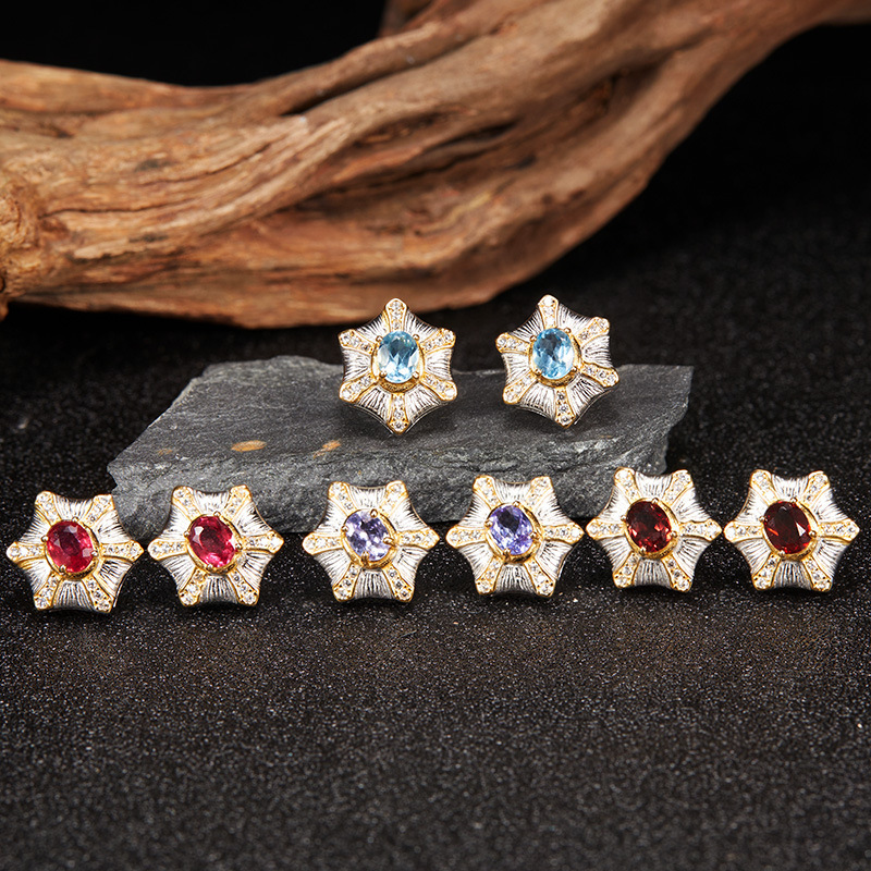 S925 sterling silver inlaid with natural crystal gemstone earrings
