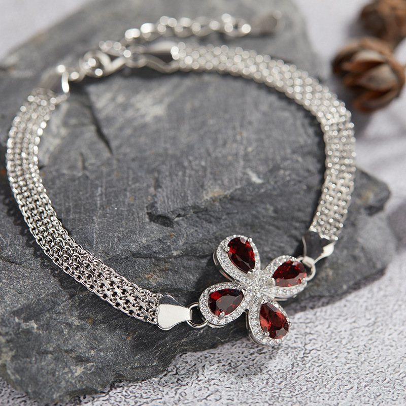 S925 sterling silver bracelet with natural garnet and topaz