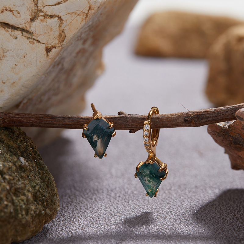 S925 sterling silver inlaid with natural moss agate earrings