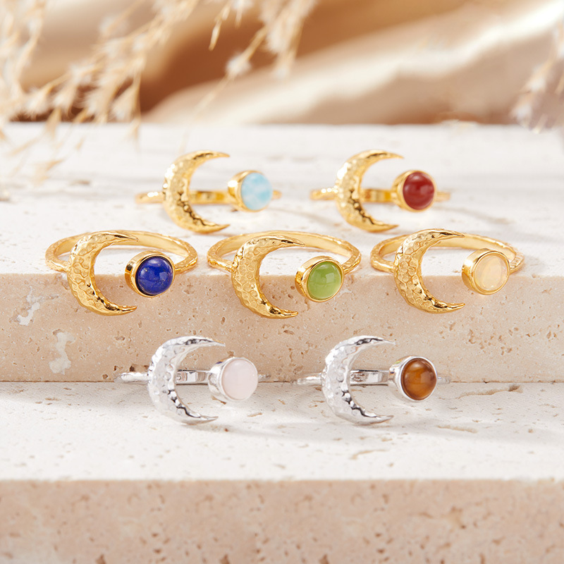 S925 sterling silver inlaid with natural gemstone moon-shaped ring