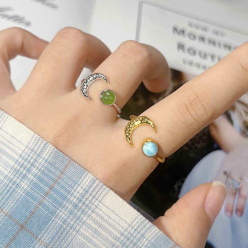 S925 sterling silver inlaid with natural gemstone moon-shaped ring