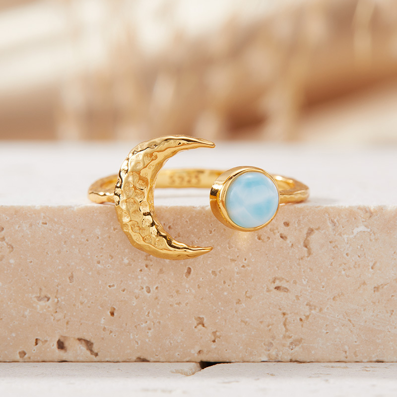 S925 sterling silver inlaid with natural gemstone moon-shaped ring